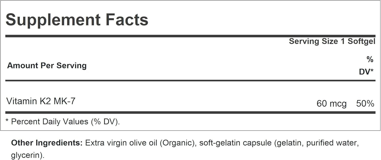 Vitamin K2 MK7 Softgels - Supports Healthy Calcium Utilization and Skeletal, Heart, Arterial Health - No Additives, Easy to Swallow