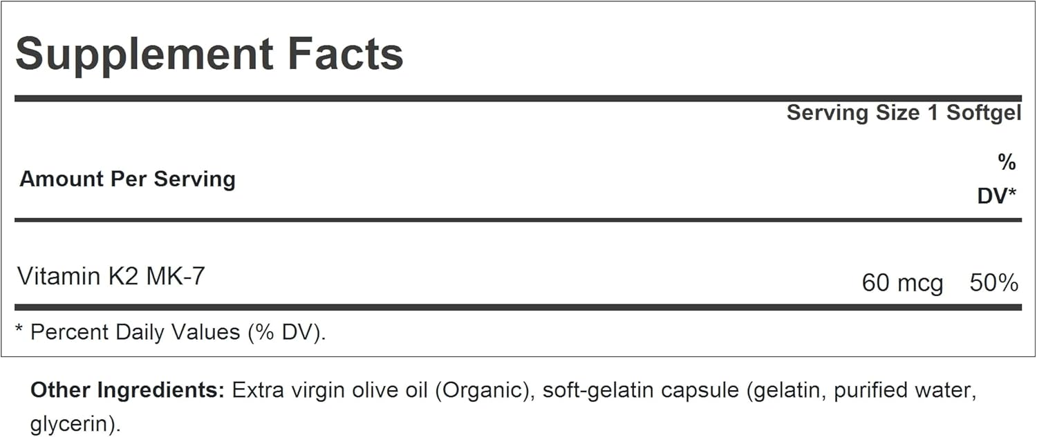 Vitamin K2 MK7 Softgels - Supports Healthy Calcium Utilization and Skeletal, Heart, Arterial Health - No Additives, Easy to Swallow