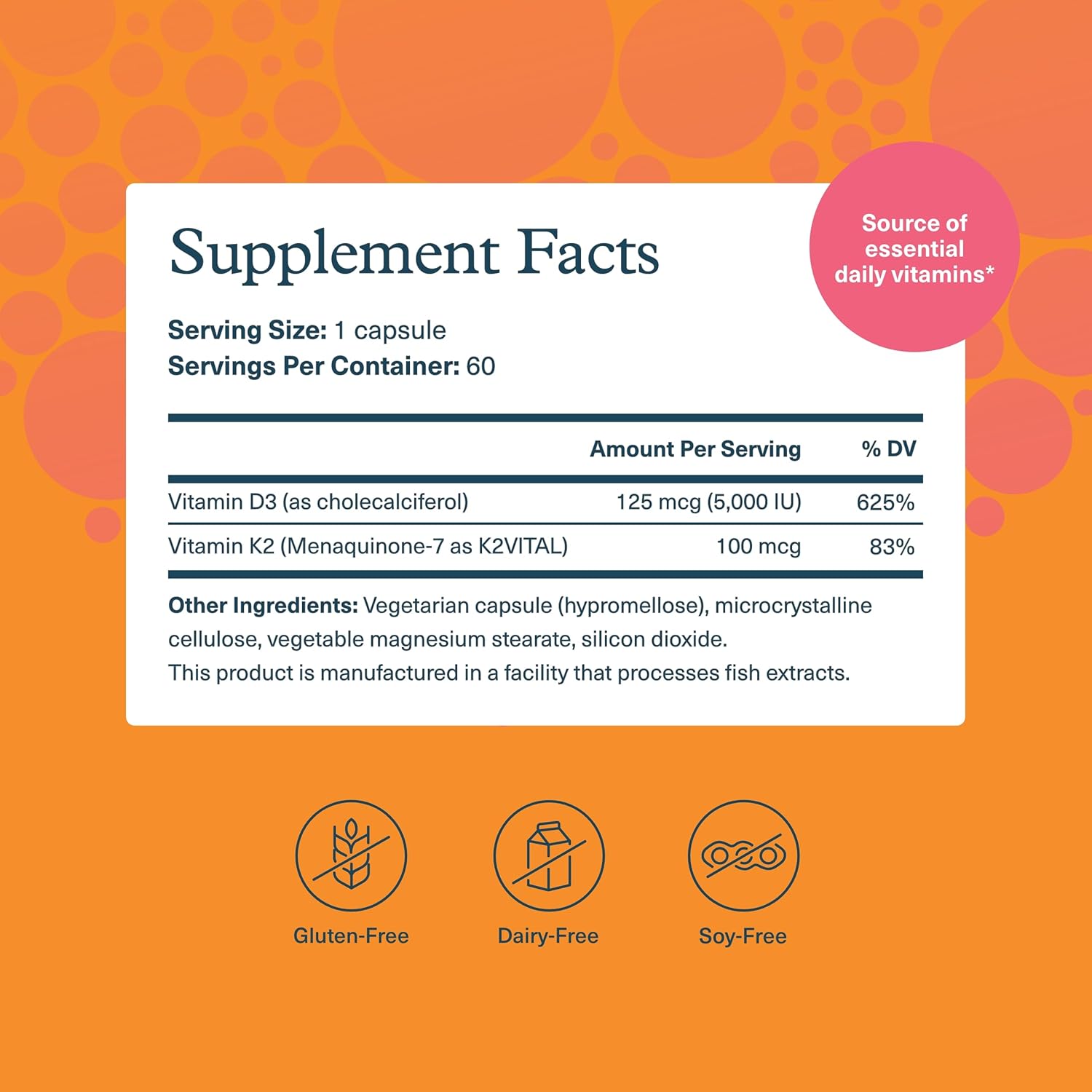 Vitamin K2D3 Supplement for Bone and Heart Health - 60 Vegetarian Capsules - Dairy, Soy, and Gluten Free
