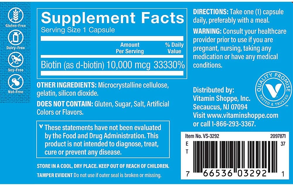 Vitamin Shoppe Biotin 1,000MCG Capsules for Hair, Skin, Nails, Energy - 120 Count