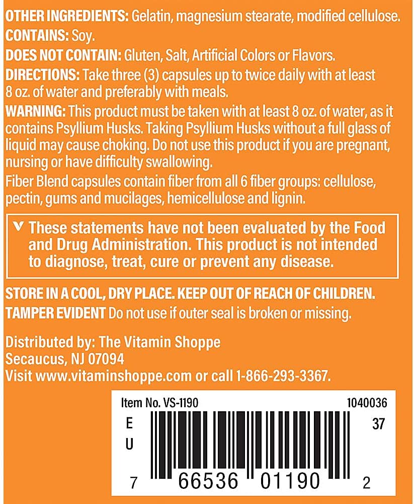 Vitamin Shoppe Fiber Blend Capsules - Natural Source of Insoluble & Soluble Fiber for Digestive Health & Regularity