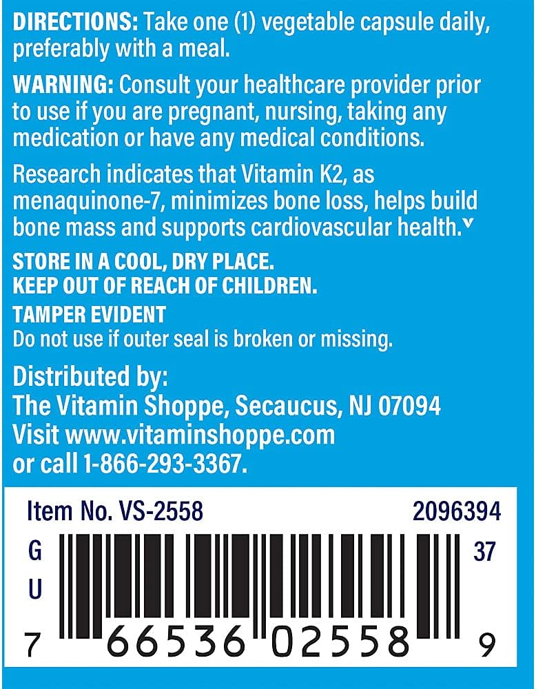 Vitamin Shoppe K2-100 MCG Vegetarian Capsules - 90 Count