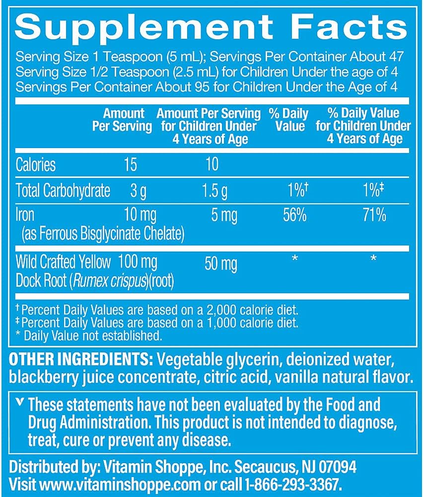 Vitamin Shoppe Liquid Iron Supplement, BlackBerry Vanilla Flavor, Easy Absorption, Non-Constipating Formula for Energy and Immune Support (8 oz)