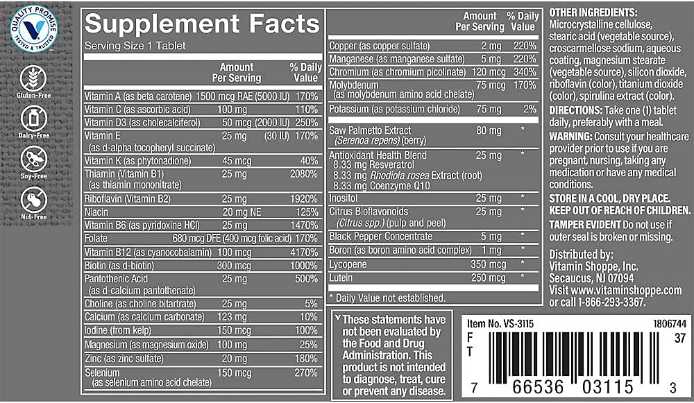Vitamin Shoppe Men's Multivitamin - Energy & Antioxidant Blend, Multi-Mineral Supplement for Men's Health - Gluten & Dairy Free (60 Tablets)