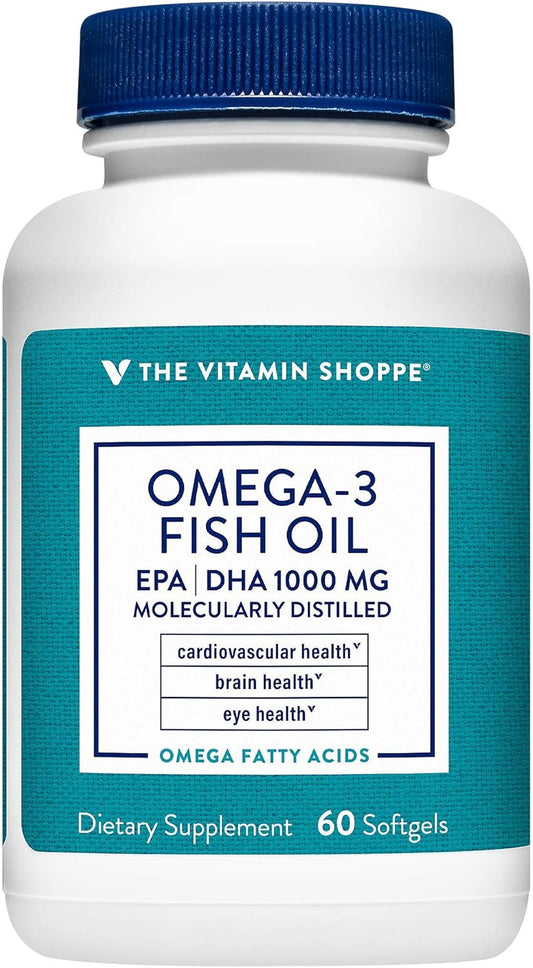 Vitamin Shoppe Omega-3 Fish Oil 1000mg Softgels, High EPA and DHA, Molecularly Distilled for Heart, Joint, and Brain Health - Citrus Flavor (60 Count)