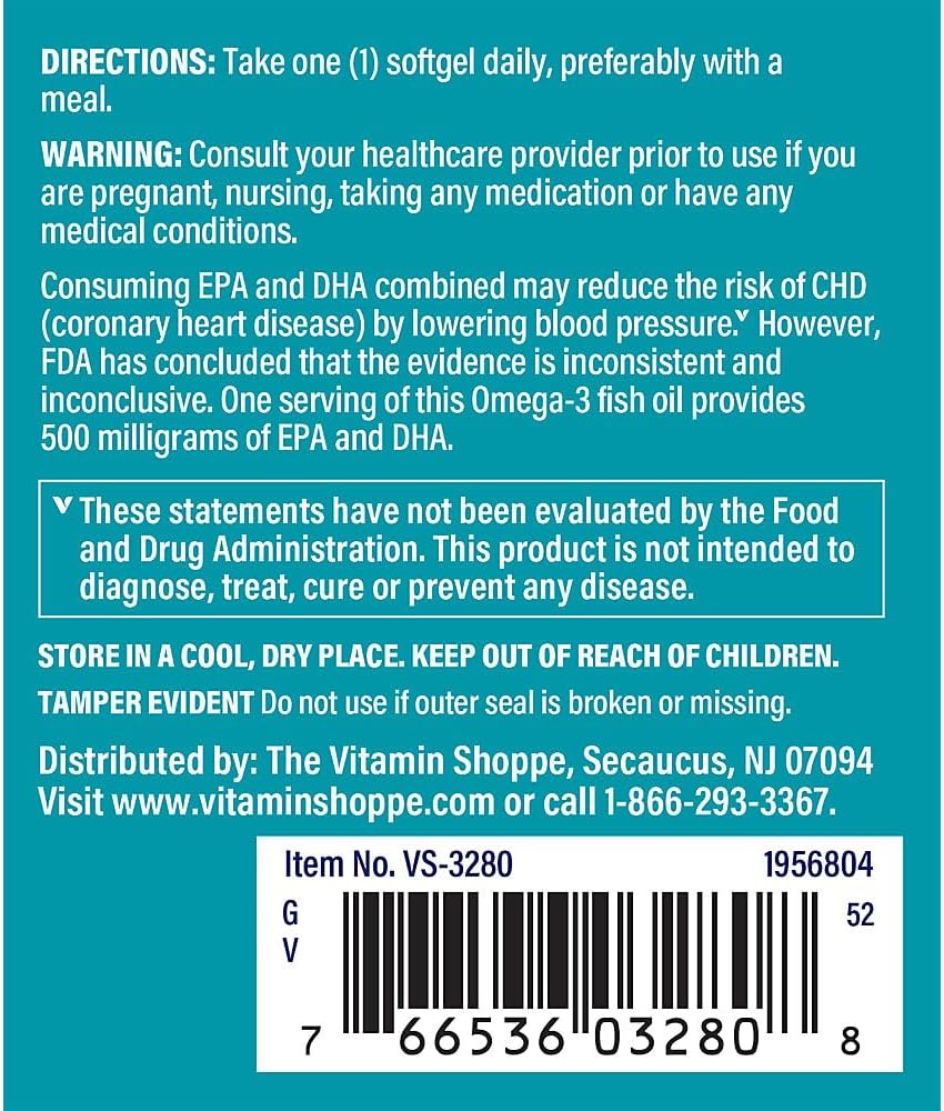 Vitamin Shoppe Omega-3 Fish Oil 1000mg Softgels, High EPA and DHA, Molecularly Distilled for Heart, Joint, and Brain Health - Citrus Flavor (60 Count)