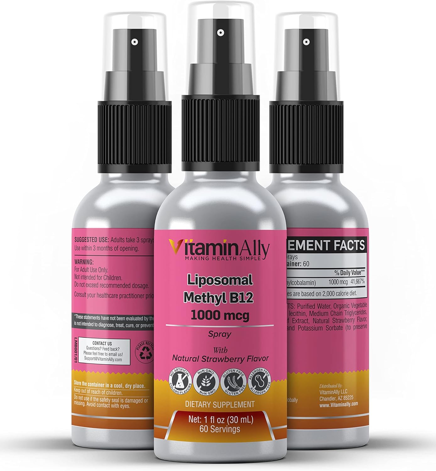 Vitaminally B12 Liposomal Spray - 60 Servings, 2 Month Supply - 1 fl oz - Non-GMO, No Added Sugars, Gluten Free - Energy, Nerve Health, Brain Function Support - Travel Friendly