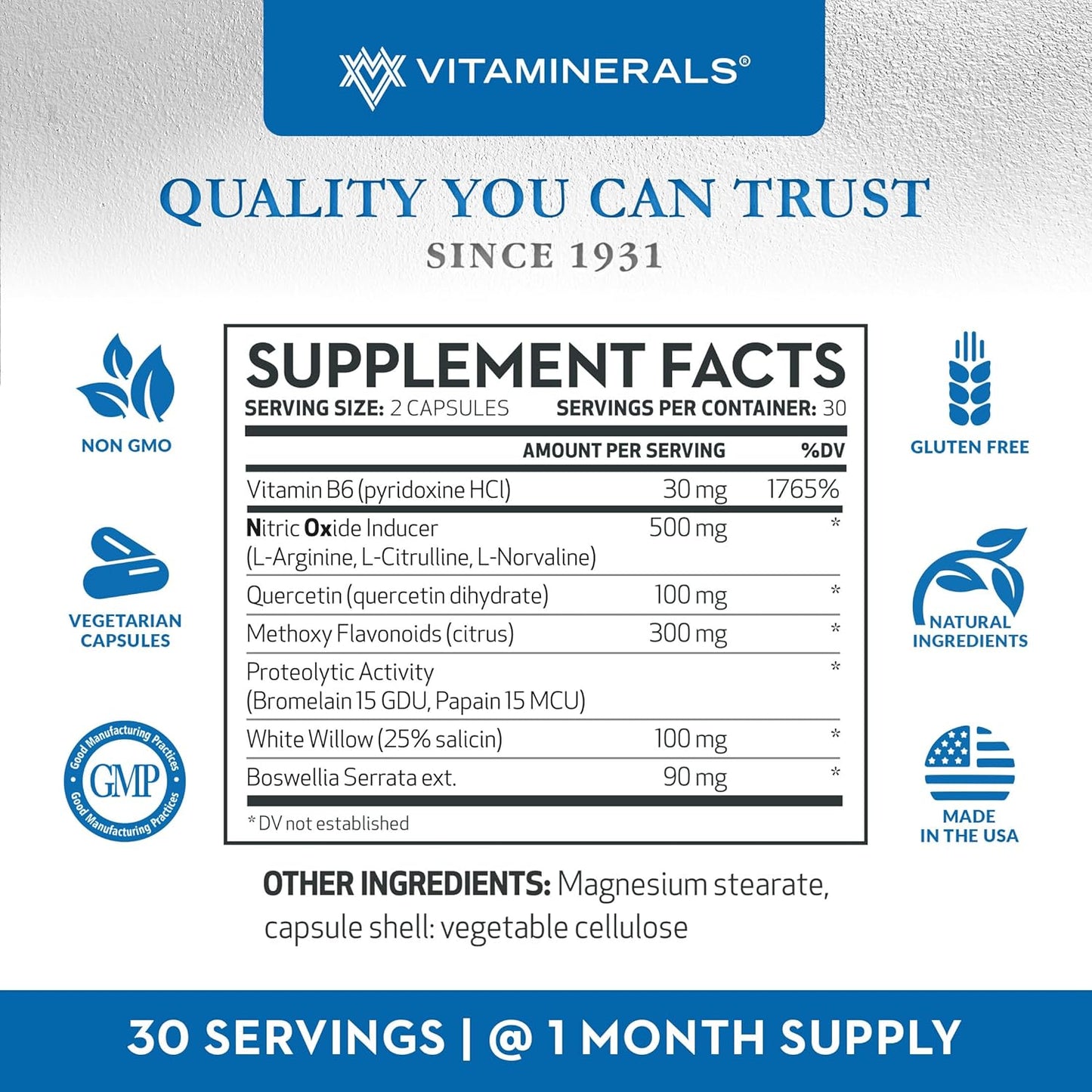 Vitaminerals 122 NOx NHF Supplement with L-arginine, L-citrulline, and Enzymes | 60 Veggie Capsules | 30 Servings