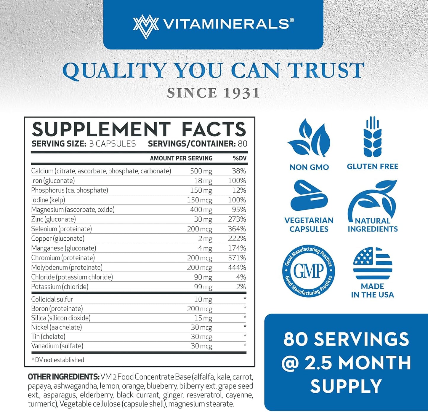 Vitaminerals 16 Polymineral Formula with 240 Veggie Caps - Comprehensive Mineral Supplement