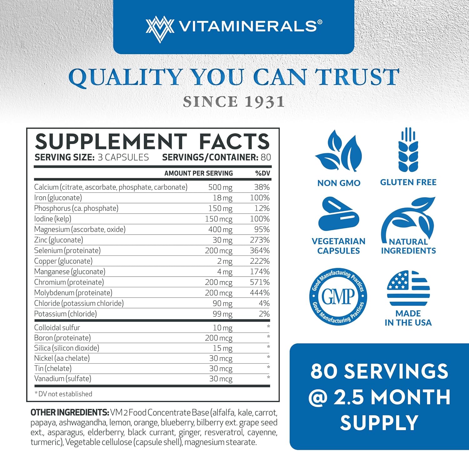 Vitaminerals 16 Polymineral Formula with 240 Veggie Caps - Comprehensive Mineral Supplement