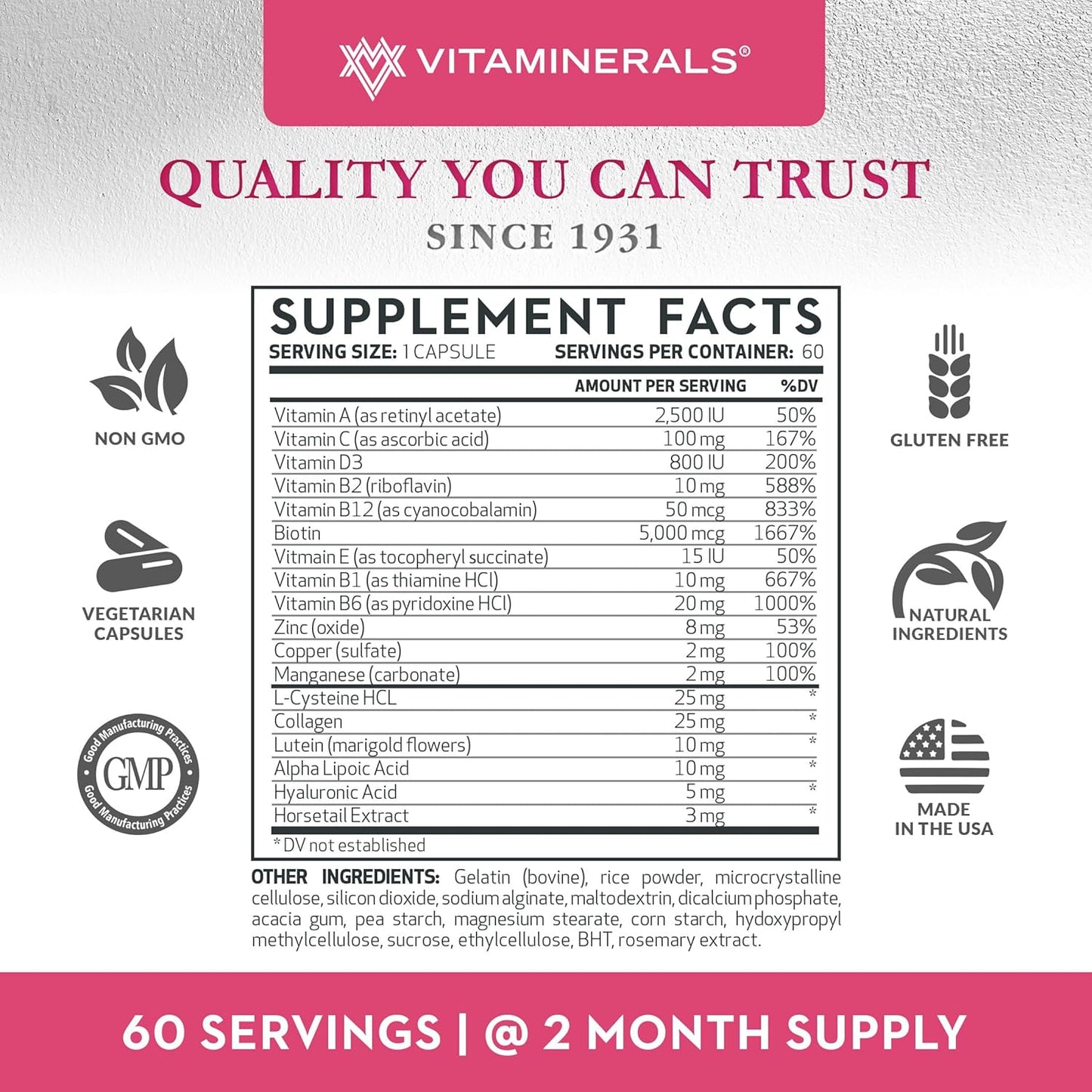Vitaminerals 217 Hair Skin Nails Supplement 60 Capsules for Healthy Hair Skin and Nails
