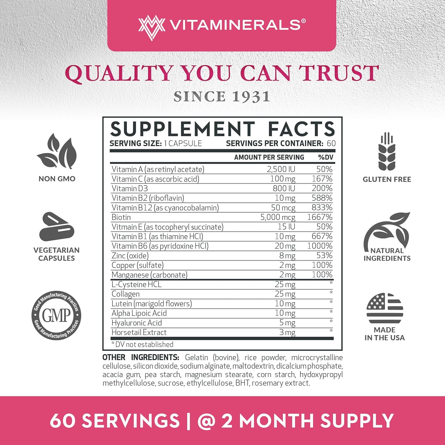 Vitaminerals 217 Hair Skin Nails Supplement 60 Capsules for Healthy Hair Skin and Nails