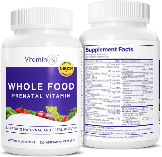 VitaminIQ Whole Food Prenatal Vitamins - 120 Capsules, Vegan Multivitamin for Women with Choline, B Vitamins, and More - Supports Maternal and Fetal Health, Soy, Gluten, and Dairy-Free