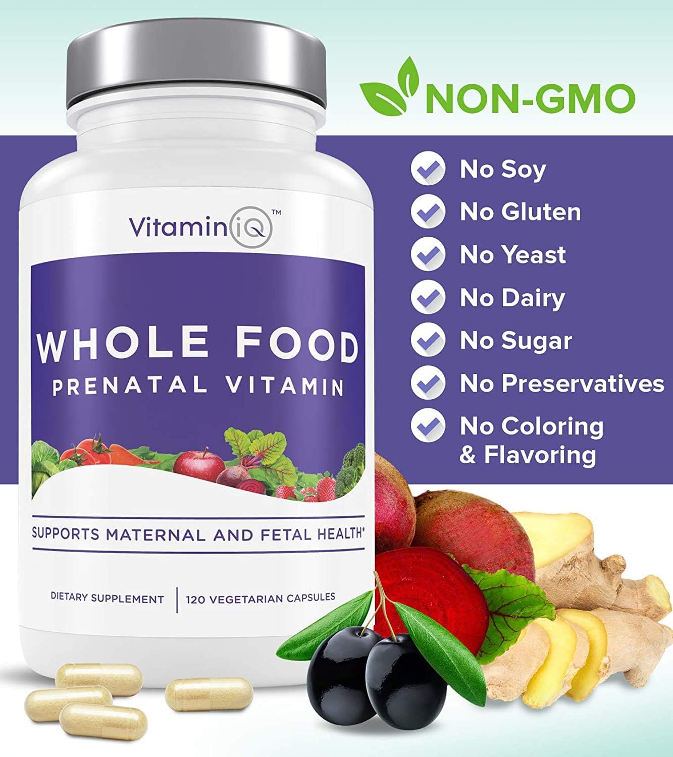 VitaminIQ Whole Food Prenatal Vitamins - 120 Capsules, Vegan Multivitamin for Women with Choline, B Vitamins, and More - Supports Maternal and Fetal Health, Soy, Gluten, and Dairy-Free