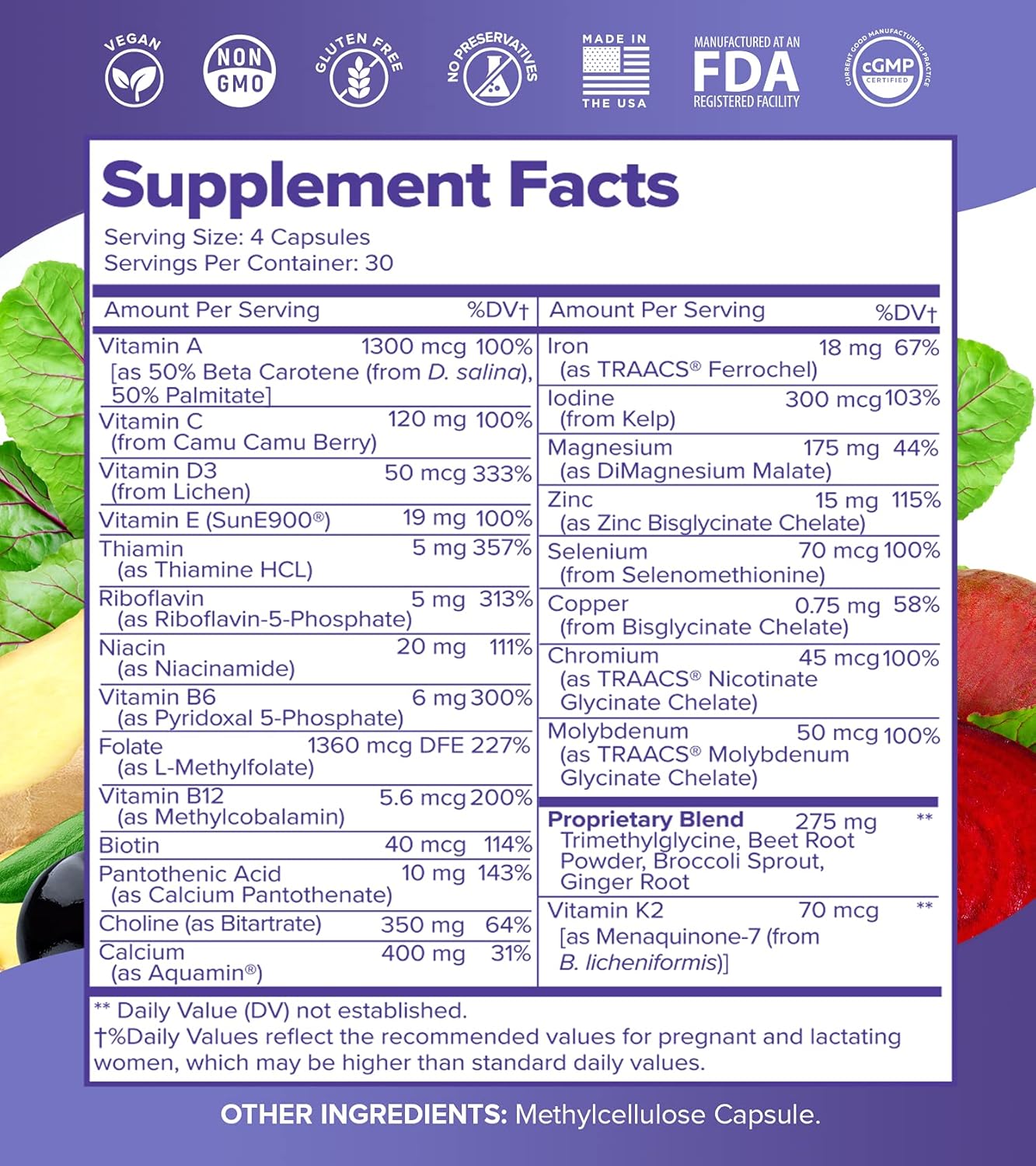 VitaminIQ Whole Food Prenatal Vitamins - 120 Capsules, Vegan Multivitamin for Women with Choline, B Vitamins, and More - Supports Maternal and Fetal Health, Soy, Gluten, and Dairy-Free