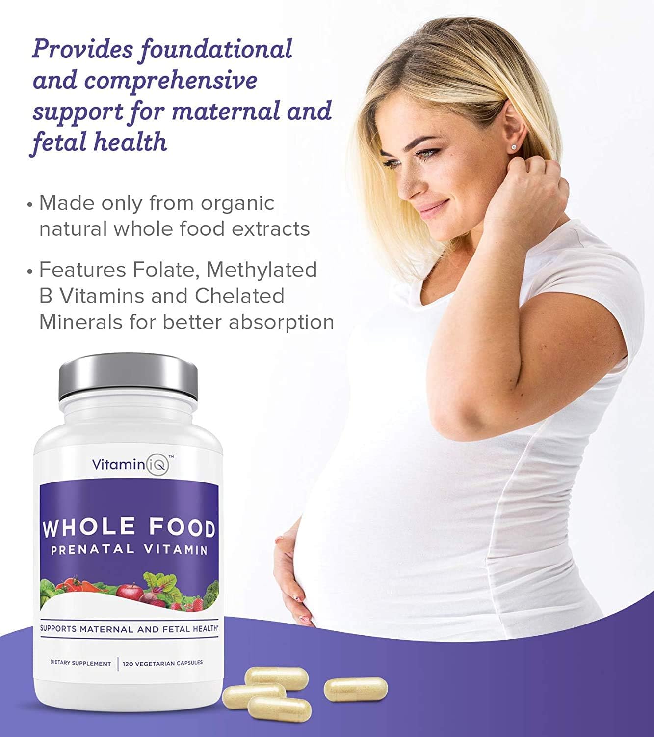 VitaminIQ Whole Food Prenatal Vitamins - 120 Capsules, Vegan Multivitamin for Women with Choline, B Vitamins, and More - Supports Maternal and Fetal Health, Soy, Gluten, and Dairy-Free