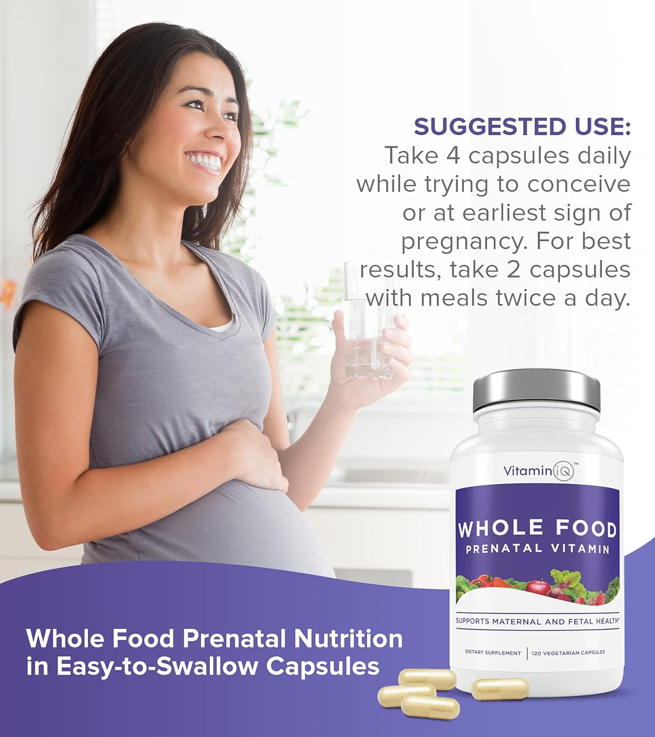 VitaminIQ Whole Food Prenatal Vitamins - 120 Capsules, Vegan Multivitamin for Women with Choline, B Vitamins, and More - Supports Maternal and Fetal Health, Soy, Gluten, and Dairy-Free