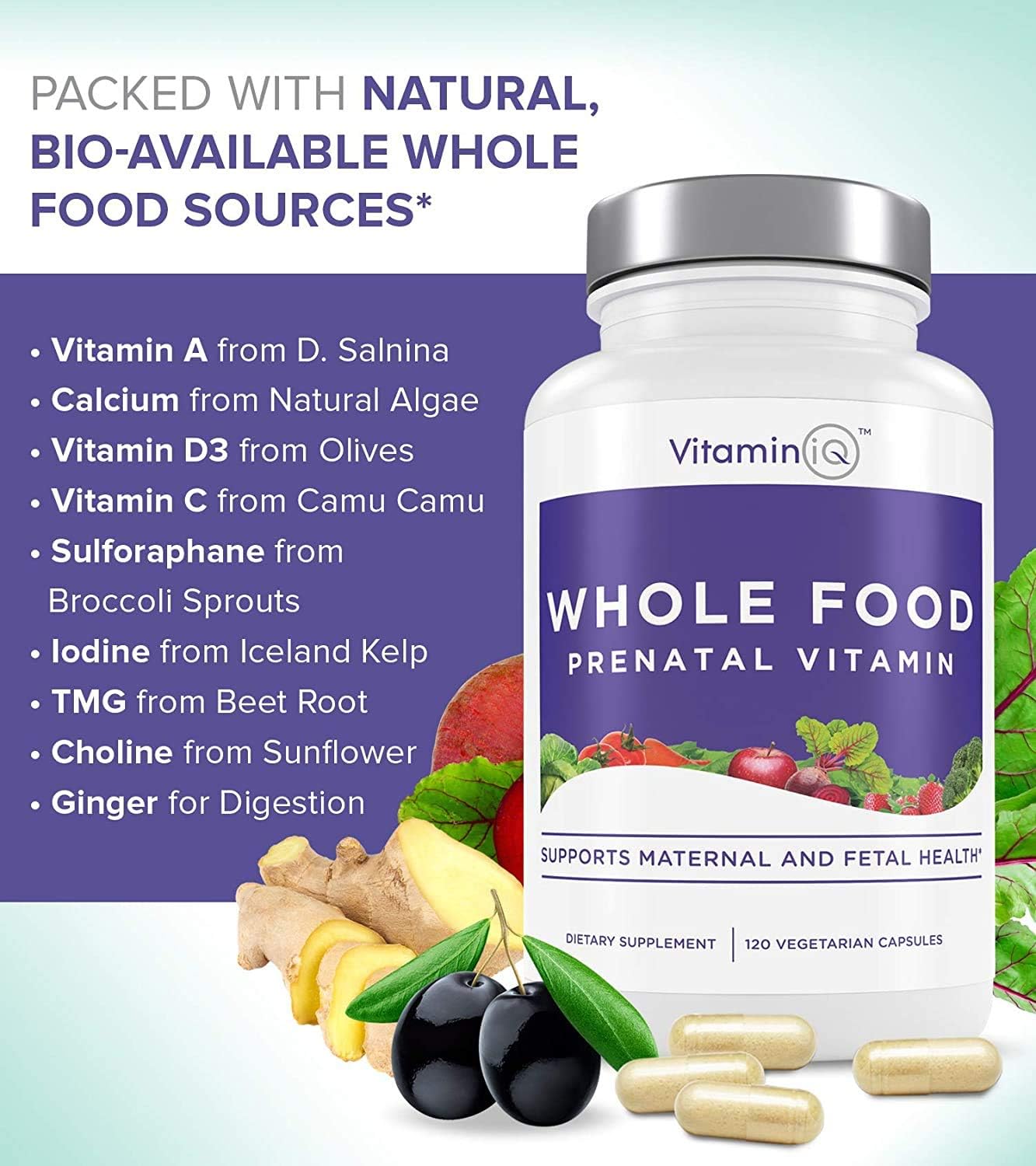 VitaminIQ Whole Food Prenatal Vitamins - 120 Capsules, Vegan Multivitamin for Women with Choline, B Vitamins, and More - Supports Maternal and Fetal Health, Soy, Gluten, and Dairy-Free