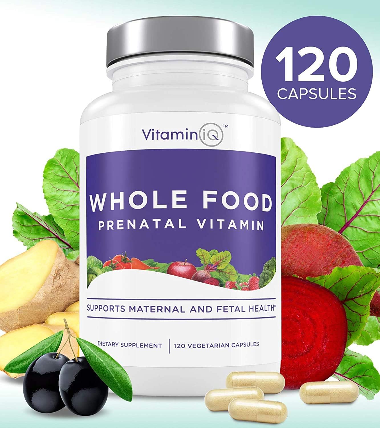 VitaminIQ Whole Food Prenatal Vitamins - 120 Capsules, Vegan Multivitamin for Women with Choline, B Vitamins, and More - Supports Maternal and Fetal Health, Soy, Gluten, and Dairy-Free