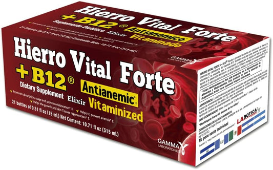 Vitaminized Hierro Vital Forte + B12 Supplement for Anemia Support, Absorption, and Protein Production - 21 Bottles of 0.51 fl oz Each