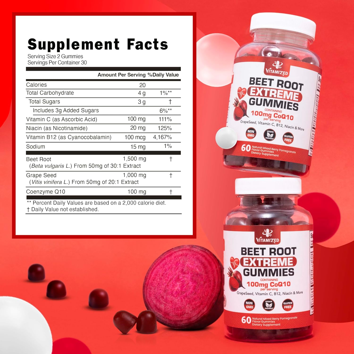 VITAMIZED Beetroot & COQ10 Gummies with Grape Seed Extract - 1500mg Circulation Energy Boost - Gluten Free - 60 Count