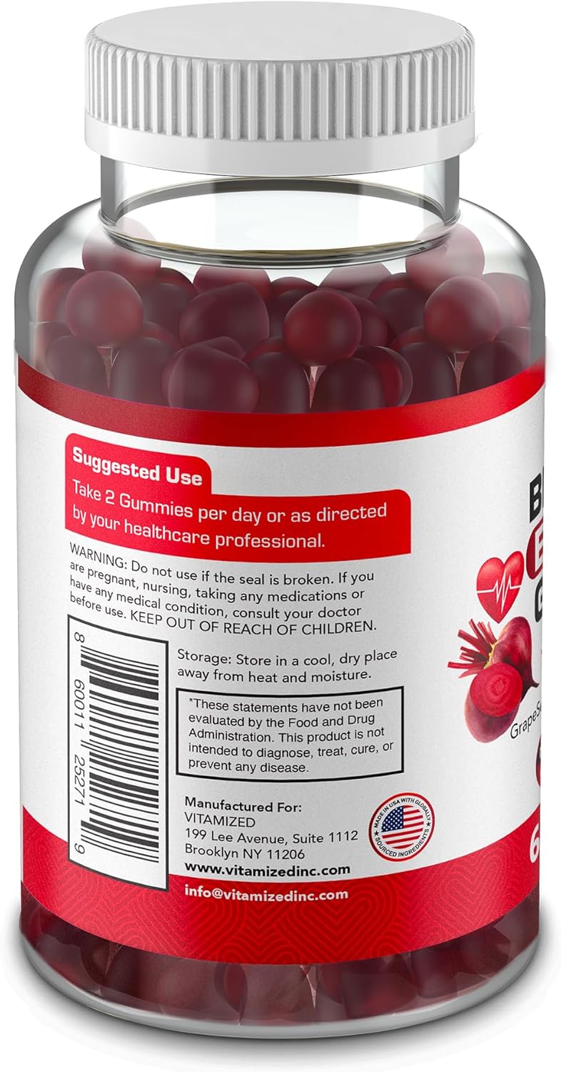 VITAMIZED Beetroot & COQ10 Gummies with Grape Seed Extract - 1500mg Circulation Energy Boost - Gluten Free - 60 Count
