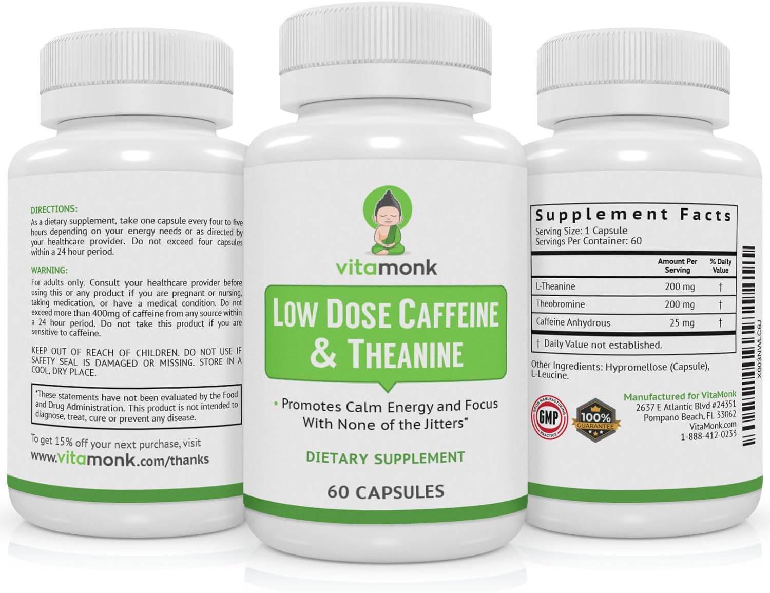 VitaMonk Low Dose Caffeine & L-Theanine Pills - No Jitters, No Crash - 25mg Caffeine & Theanine Capsules with Theobromine - 60 Count