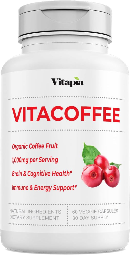 Vitapia Vitacoffee Caffeine Pills with Coffee Fruit, Vitamin C, D, Zinc - Energy and Focus Support - 60 Capsules for Skin, Memory - Non-GMO, Gluten-Free Vegan Supplement