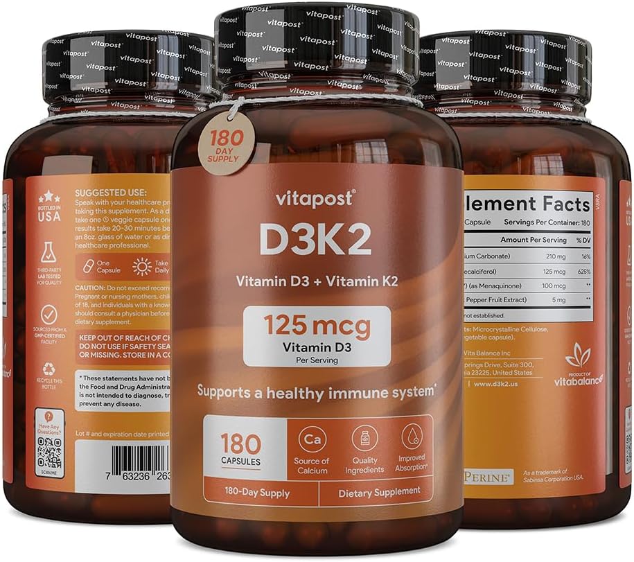 VitaPost D3 K2 Supplement with Calcium & BioPerine | Vitamin D3 and K2 for Bone, Heart, and Muscle Health | 180 Capsules