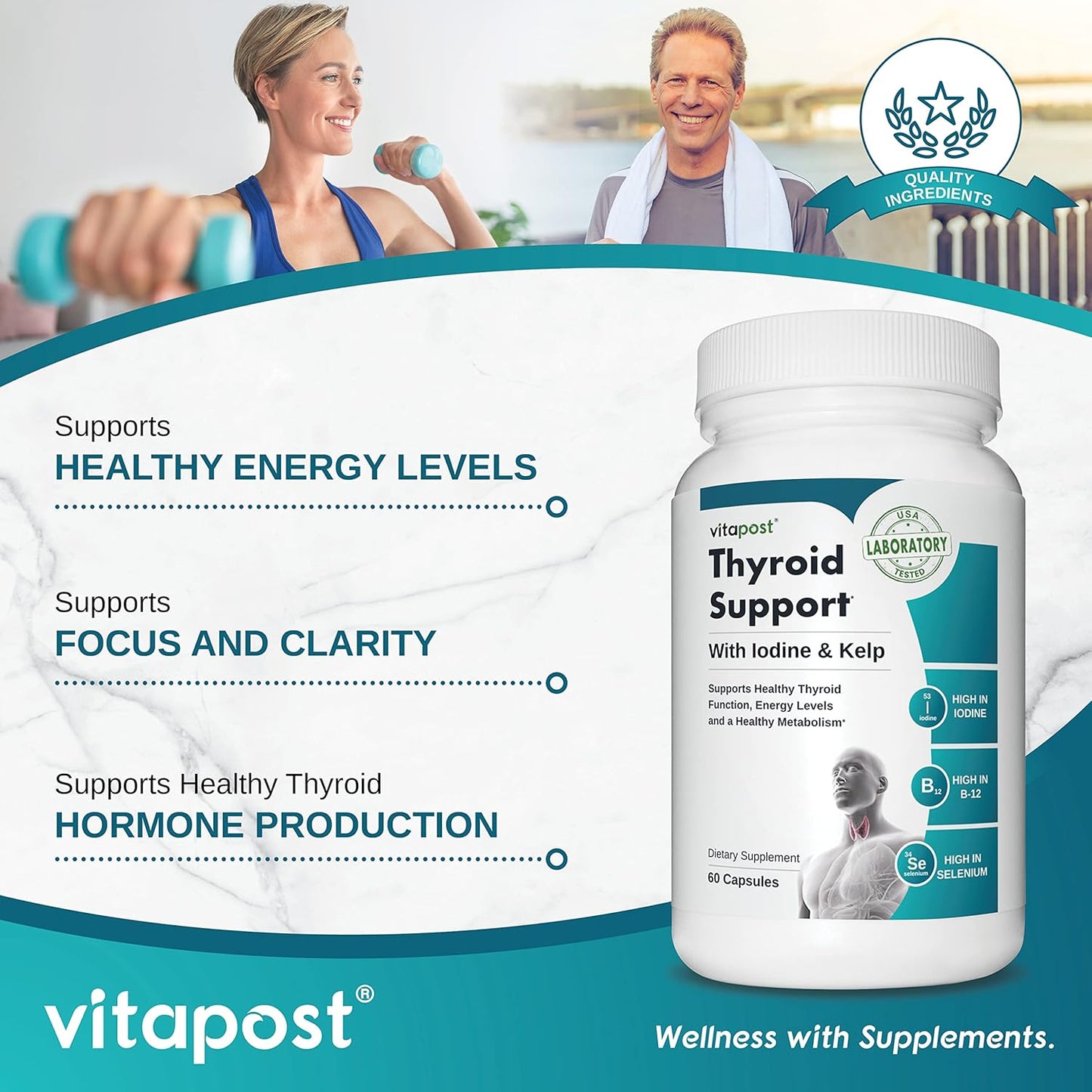 VitaPost Thyroid Support Supplement for Healthy Energy, Hormone Levels & Thyroid Health - 60 Capsules for Women & Men