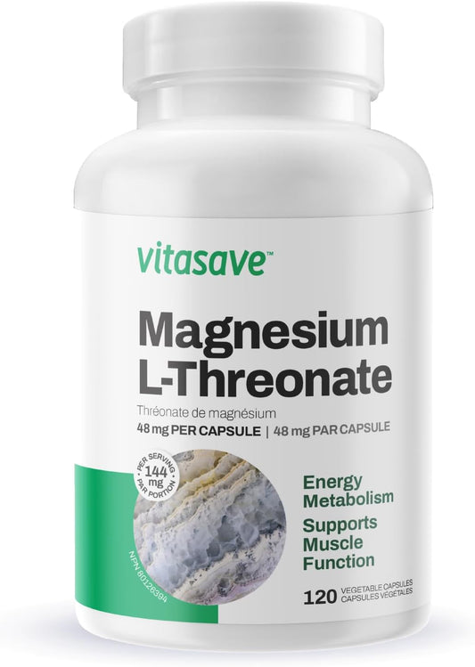 Vitasave Magnesium L-Threonate Capsules | 144mg Elemental Magnesium | Enhanced Absorption for Energy & Muscle Support | Non-GMO, Vegan | 120 Caps