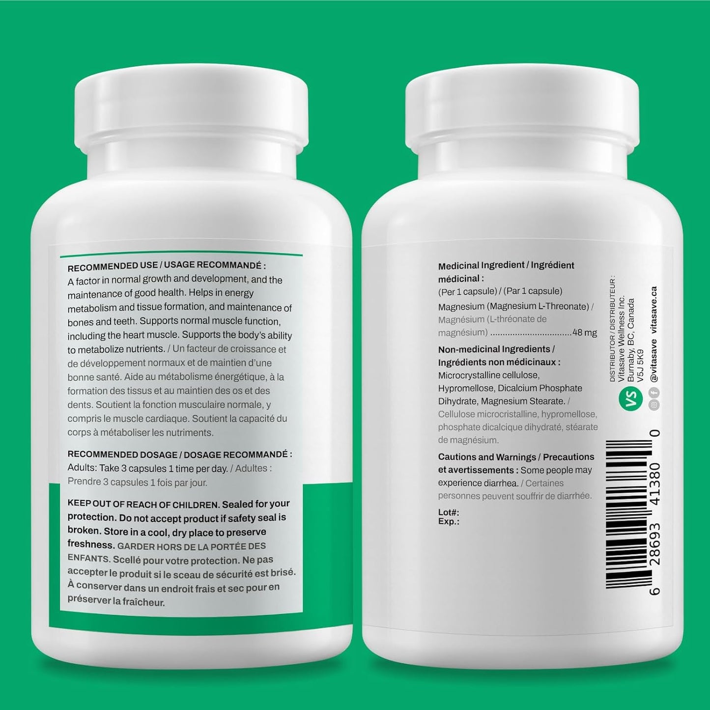 Vitasave Magnesium L-Threonate Capsules | 144mg Elemental Magnesium | Enhanced Absorption for Energy & Muscle Support | Non-GMO, Vegan | 120 Caps