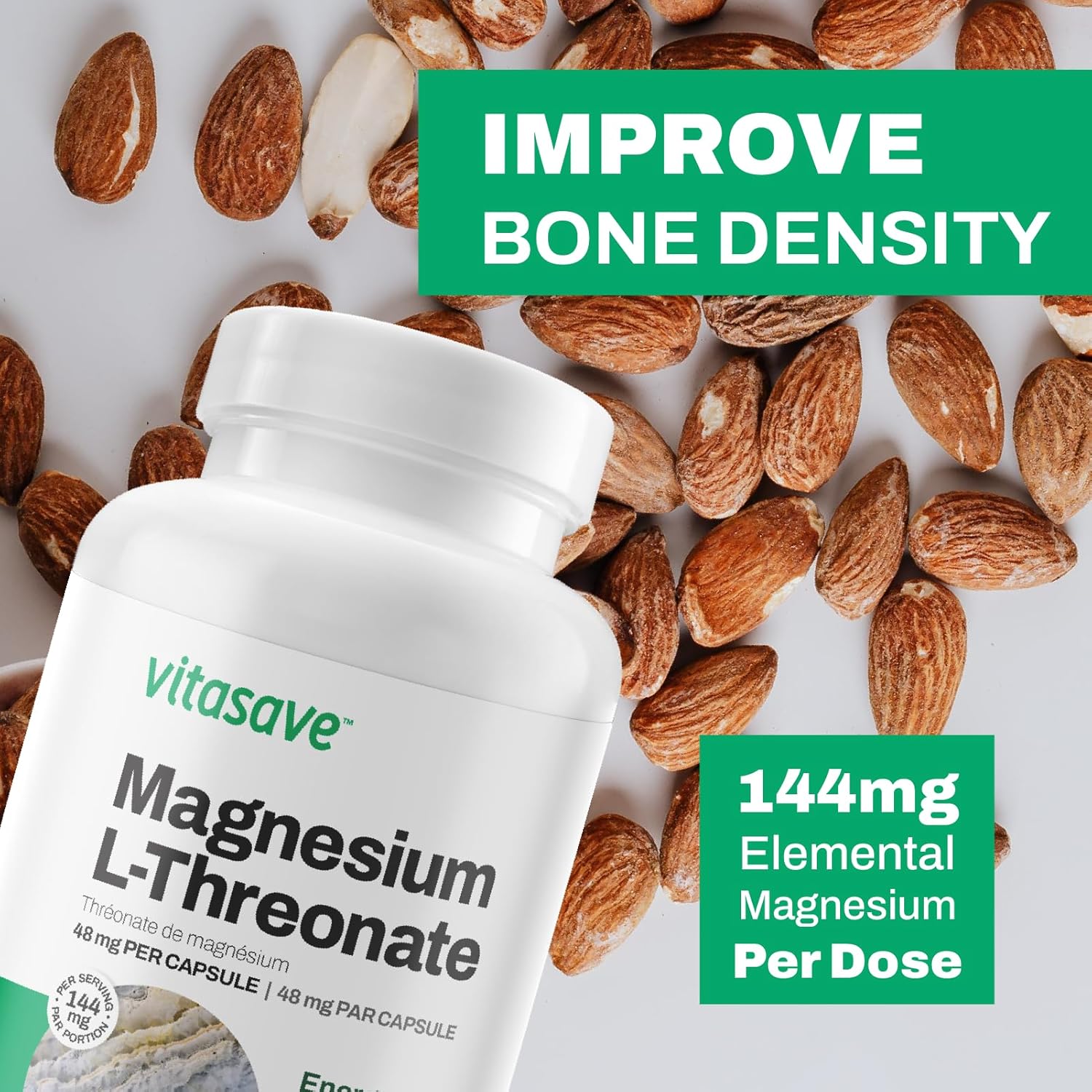 Vitasave Magnesium L-Threonate Capsules | 144mg Elemental Magnesium | Enhanced Absorption for Energy & Muscle Support | Non-GMO, Vegan | 120 Caps