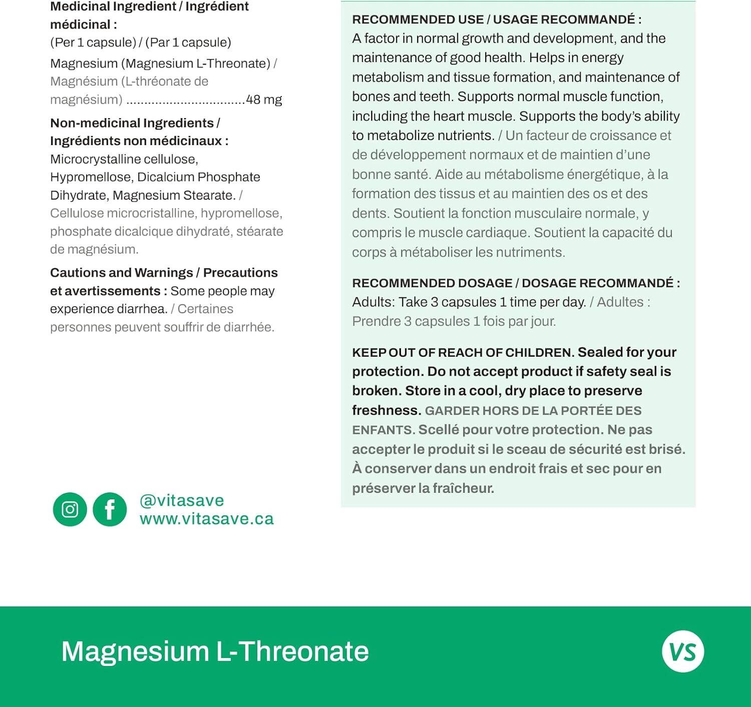Vitasave Magnesium L-Threonate Capsules | 144mg Elemental Magnesium | Enhanced Absorption for Energy & Muscle Support | Non-GMO, Vegan | 120 Caps