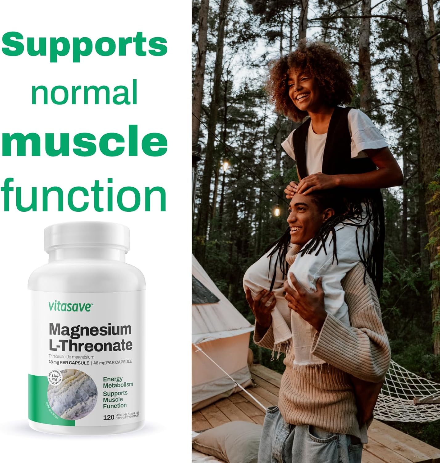 Vitasave Magnesium L-Threonate Capsules | 144mg Elemental Magnesium | Enhanced Absorption for Energy & Muscle Support | Non-GMO, Vegan | 120 Caps