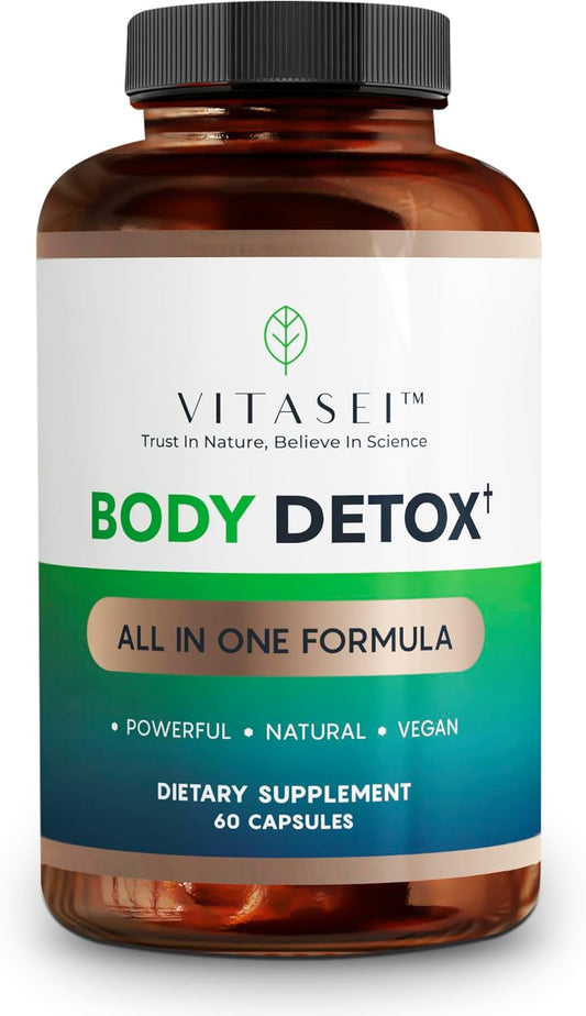 VITASEI Body Detox Capsules with Cascara Sagrada Bark, Psyllium Husk, Senna Leaves, Flax Seed Powder - Colon Cleanse and Detox Dietary Supplements (60 Count)