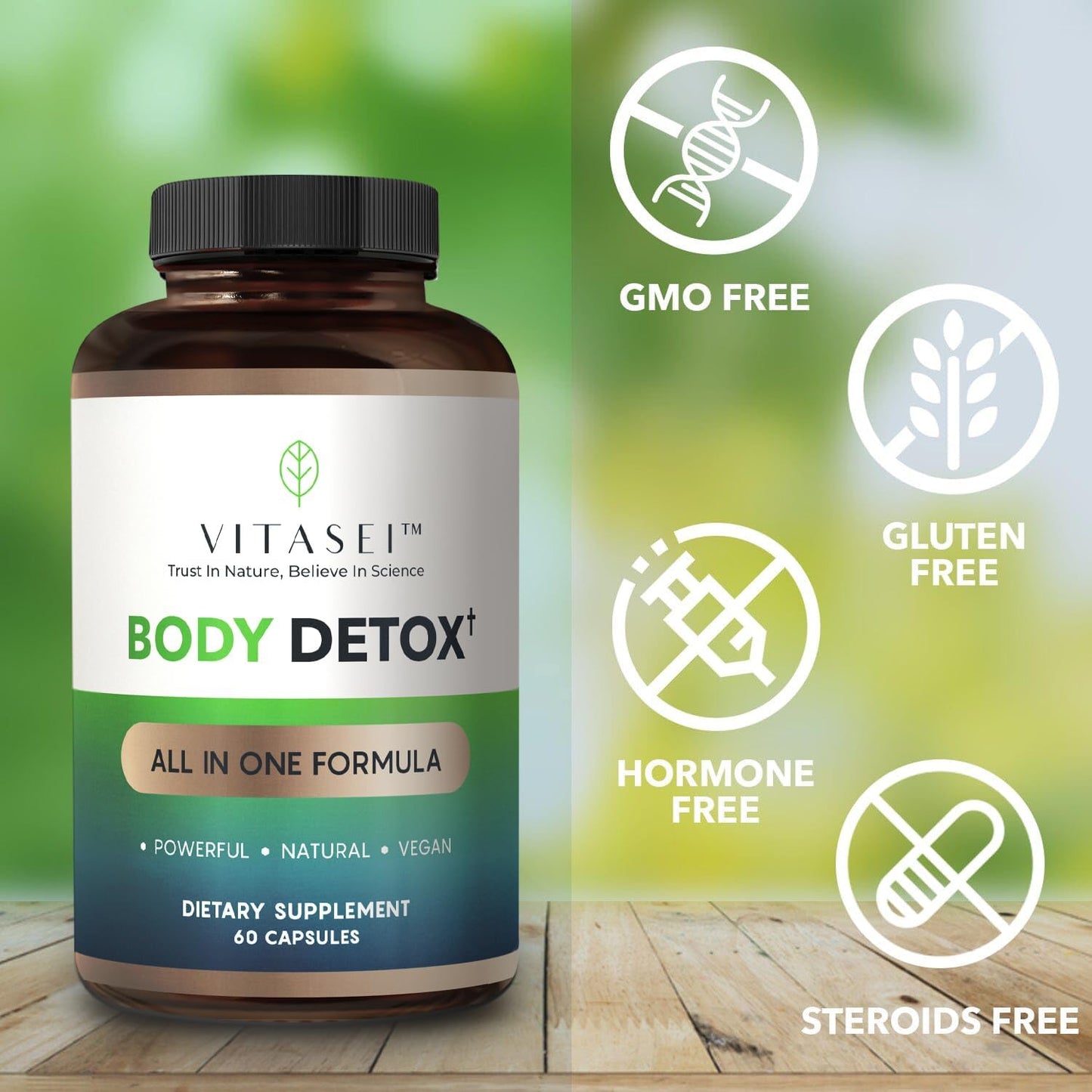 VITASEI Body Detox Capsules with Cascara Sagrada Bark, Psyllium Husk, Senna Leaves, Flax Seed Powder - Colon Cleanse and Detox Dietary Supplements (60 Count)