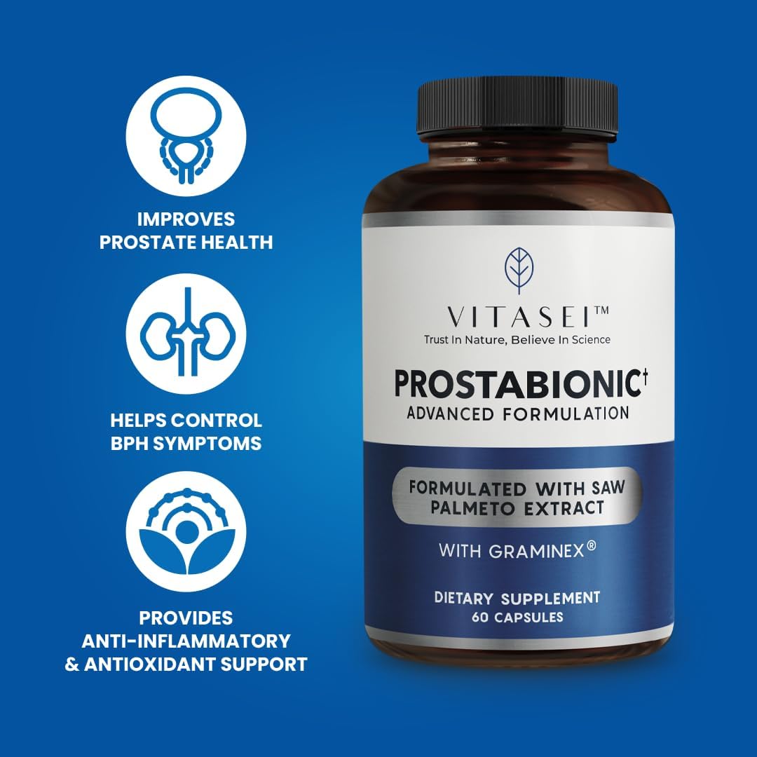 VITASEI Prostabionic Prostate Dietary Supplements for Men with Saw Palmetto, Bio-quercetin & Pygeum Africanum - 60 Capsules, Reduce Bathroom Trips