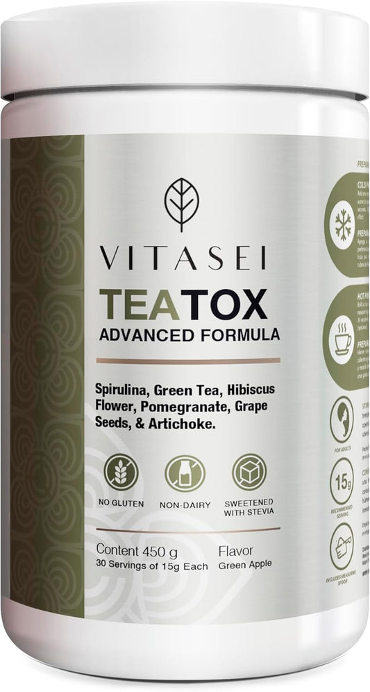 VITASEI Teatox Detox & Cleanse Support Powder with Green Tea, Spirulina, and Artichoke - Digestion Booster & Meal Replacement Powder - Green Apple Flavor - 16oz