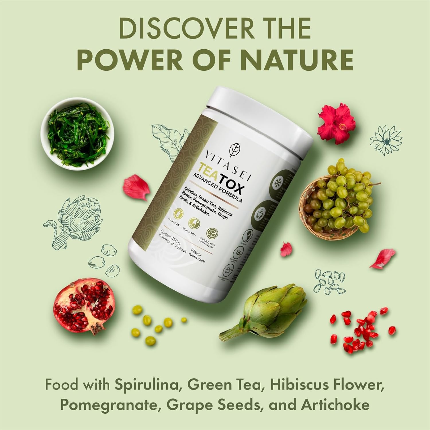 VITASEI Teatox Detox & Cleanse Support Powder with Green Tea, Spirulina, and Artichoke - Digestion Booster & Meal Replacement Powder - Green Apple Flavor - 16oz