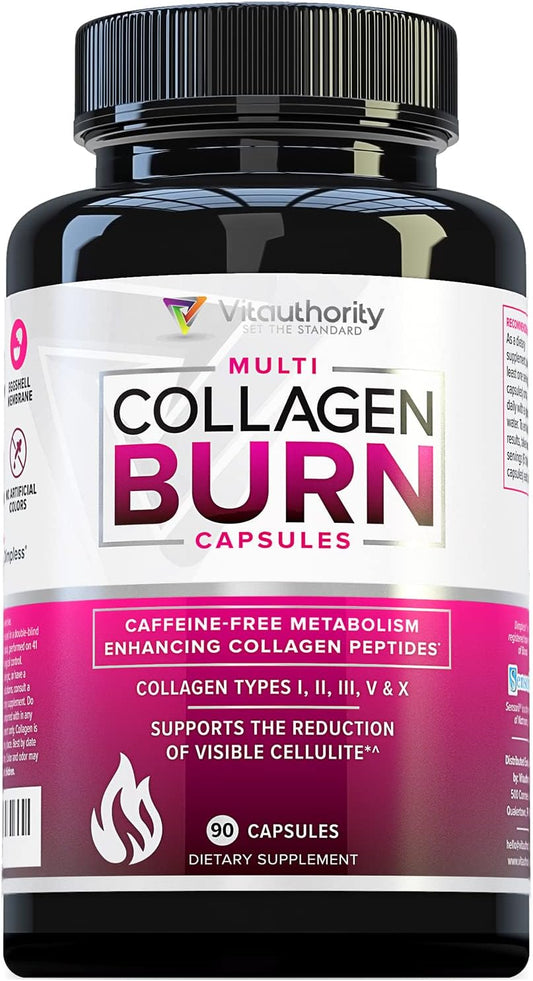 Vitauthority Multi Collagen Burn Capsules: Hydrolyzed Protein Peptides with Hyaluronic Acid, Vitamin C, SOD B Dimpless, Types I, II, III, V, and X - Caffeine-Free Formula