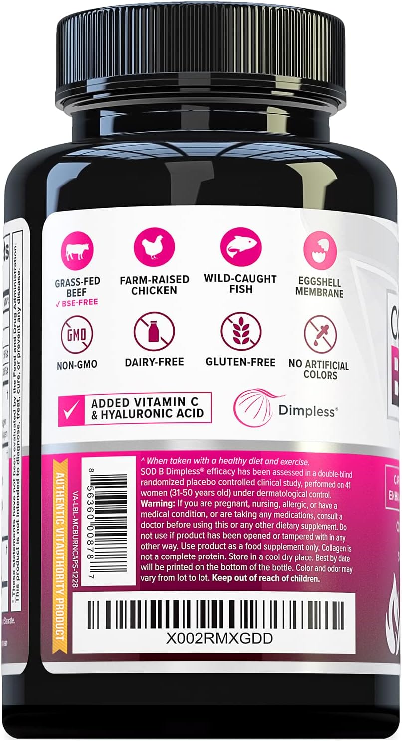 Vitauthority Multi Collagen Burn Capsules: Hydrolyzed Protein Peptides with Hyaluronic Acid, Vitamin C, SOD B Dimpless, Types I, II, III, V, and X - Caffeine-Free Formula