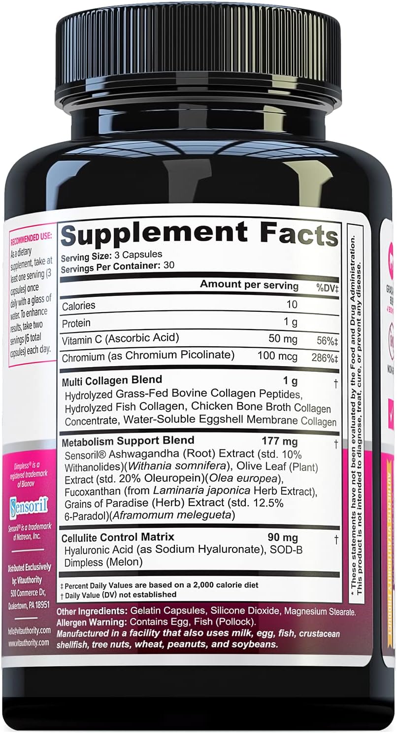 Vitauthority Multi Collagen Burn Capsules: Hydrolyzed Protein Peptides with Hyaluronic Acid, Vitamin C, SOD B Dimpless, Types I, II, III, V, and X - Caffeine-Free Formula