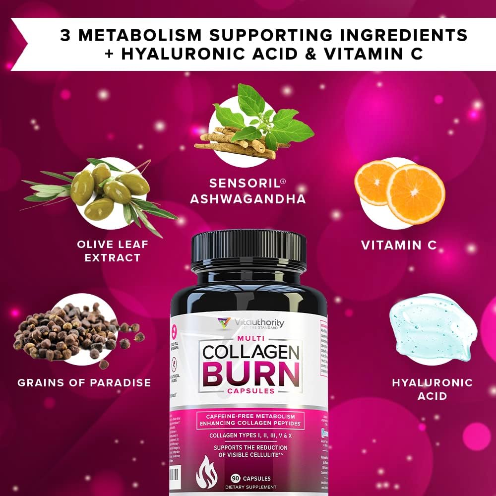 Vitauthority Multi Collagen Burn Capsules: Hydrolyzed Protein Peptides with Hyaluronic Acid, Vitamin C, SOD B Dimpless, Types I, II, III, V, and X - Caffeine-Free Formula