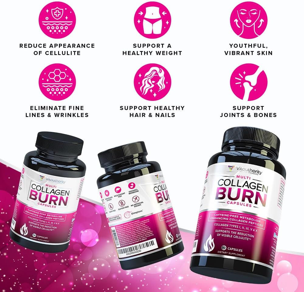 Vitauthority Multi Collagen Burn Capsules: Hydrolyzed Protein Peptides with Hyaluronic Acid, Vitamin C, SOD B Dimpless, Types I, II, III, V, and X - Caffeine-Free Formula
