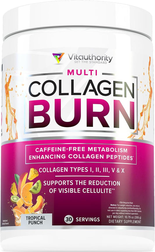 Vitauthority Multi Collagen Burn: Hydrolyzed Protein Peptides with Hyaluronic Acid, Vitamin C, and Caffeine - Tropical Punch Flavor