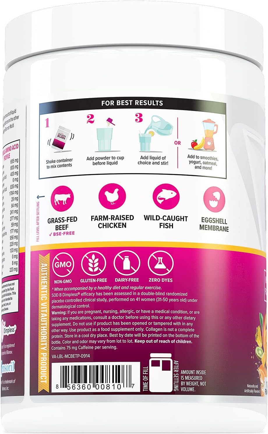 Vitauthority Multi Collagen Burn: Hydrolyzed Protein Peptides with Hyaluronic Acid, Vitamin C, and Caffeine - Tropical Punch Flavor
