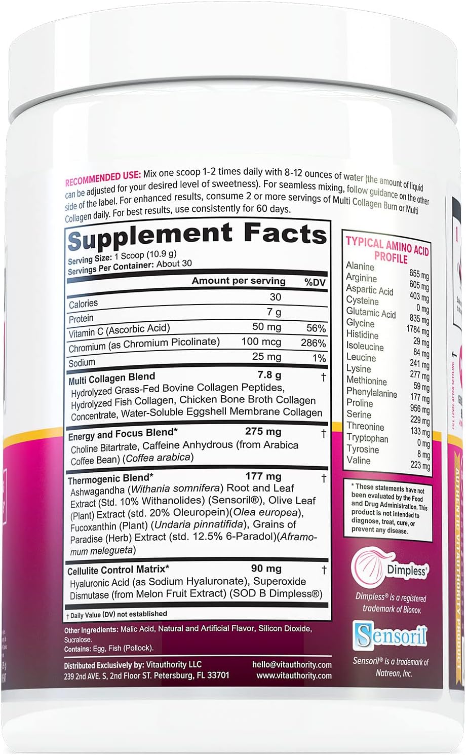 Vitauthority Multi Collagen Burn: Hydrolyzed Protein Peptides with Hyaluronic Acid, Vitamin C, and Caffeine - Tropical Punch Flavor