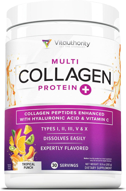 Vitauthority Multi Collagen Peptides with Hyaluronic Acid, Vitamin C | Tropical Punch Flavor, Hydrolyzed Proteins Types I, II, III, V, X