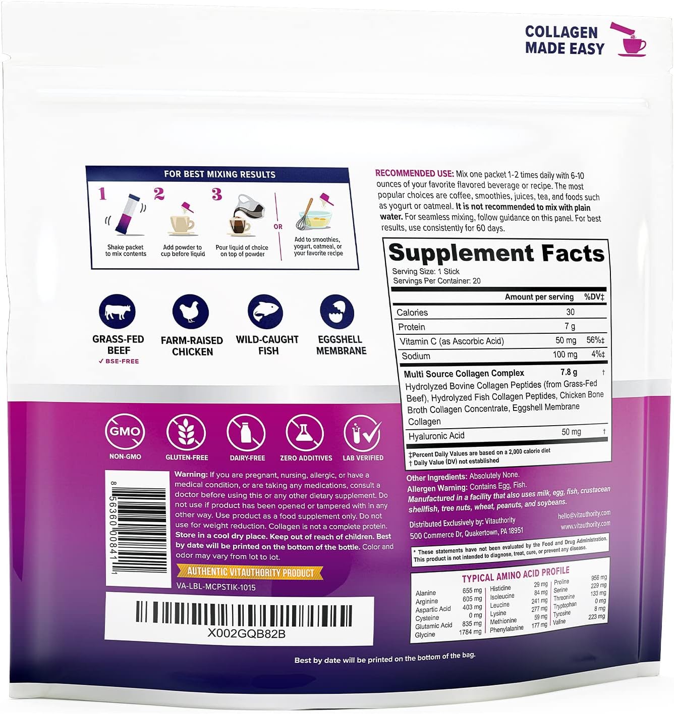Vitauthority Multi Collagen Peptides with Hyaluronic Acid, Vitamin C - 20 Unflavored Stick Packs - Types I, II, III, V, X - Hydrolyzed Collagen Proteins